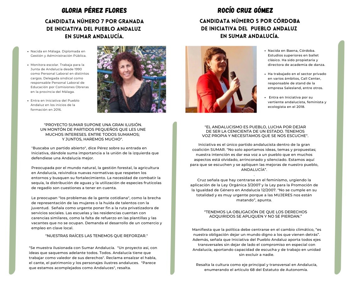 Rocío Cruz y Gloria Pérez, candidatas de Iniciativa del Pueblo Andaluz en Sumar Andalucía